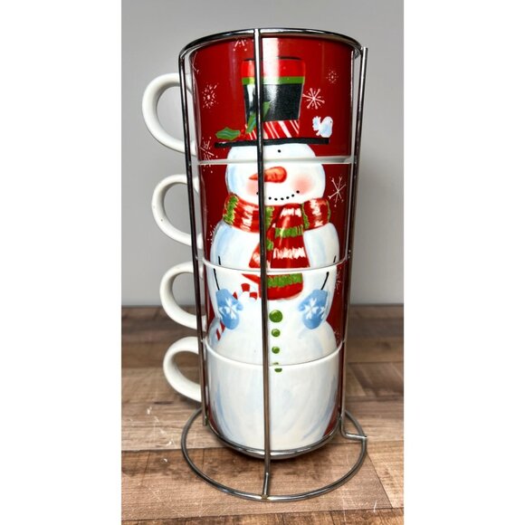 Pier 1 Imports Snowman Stacking Mug Set With Stand - Porcelain Holiday Cups - Picture 3 of 7
